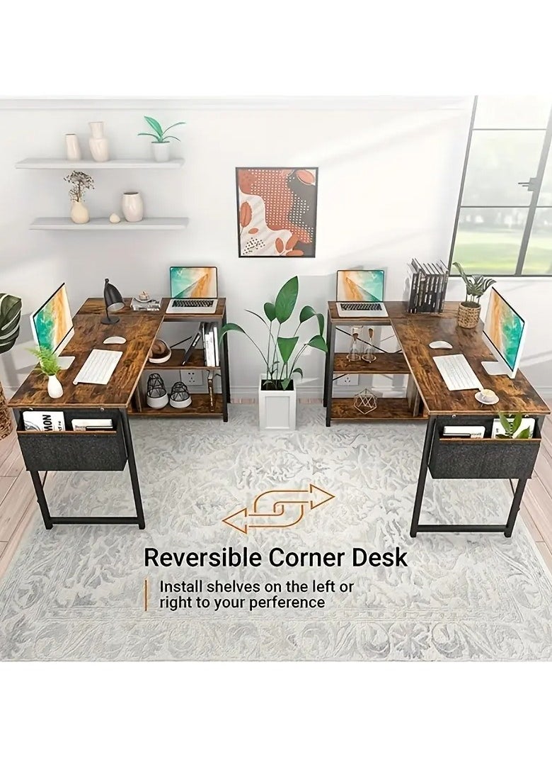L-shaped corner desk in antique brown for home or office. It can be used as a study desk, computer desk, gaming table, studio table, or writer's table. It is a reversible corner desk. You can install shelves on the right or left as you wish. The shelves have ample space for your books, files, fax machine, or desktop computer. Adjustable legs in case the floor is uneven. X-shaped metal supports ensure stability and do not shake. A side fabric bag is included for storing small items to reduce clutter on the desktop. There is an additional shelf on the desk that serves as a monitor or printer stand for organization and space saving. Easy to clean, waterproof, and scratch-resistant. Easy to assemble and install. Perfect size for the office, and all your items are at your fingertips. Adaptable to different surfaces and fits in with most decors