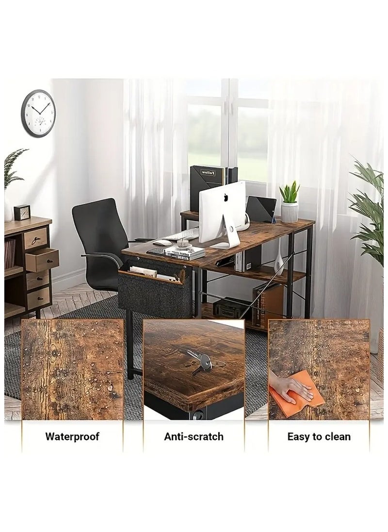 L-shaped corner desk in antique brown for home or office. It can be used as a study desk, computer desk, gaming table, studio table, or writer's table. It is a reversible corner desk. You can install shelves on the right or left as you wish. The shelves have ample space for your books, files, fax machine, or desktop computer. Adjustable legs in case the floor is uneven. X-shaped metal supports ensure stability and do not shake. A side fabric bag is included for storing small items to reduce clutter on the desktop. There is an additional shelf on the desk that serves as a monitor or printer stand for organization and space saving. Easy to clean, waterproof, and scratch-resistant. Easy to assemble and install. Perfect size for the office, and all your items are at your fingertips. Adaptable to different surfaces and fits in with most decors