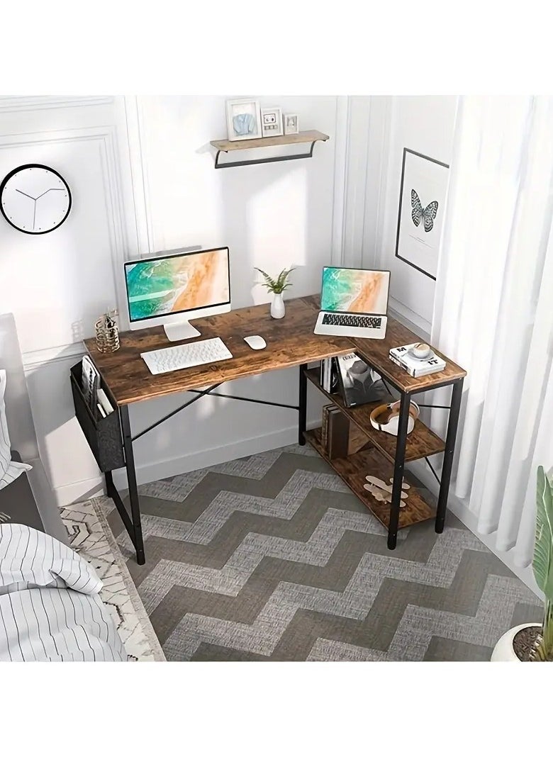 L-shaped corner desk in antique brown for home or office. It can be used as a study desk, computer desk, gaming table, studio table, or writer's table. It is a reversible corner desk. You can install shelves on the right or left as you wish. The shelves have ample space for your books, files, fax machine, or desktop computer. Adjustable legs in case the floor is uneven. X-shaped metal supports ensure stability and do not shake. A side fabric bag is included for storing small items to reduce clutter on the desktop. There is an additional shelf on the desk that serves as a monitor or printer stand for organization and space saving. Easy to clean, waterproof, and scratch-resistant. Easy to assemble and install. Perfect size for the office, and all your items are at your fingertips. Adaptable to different surfaces and fits in with most decors