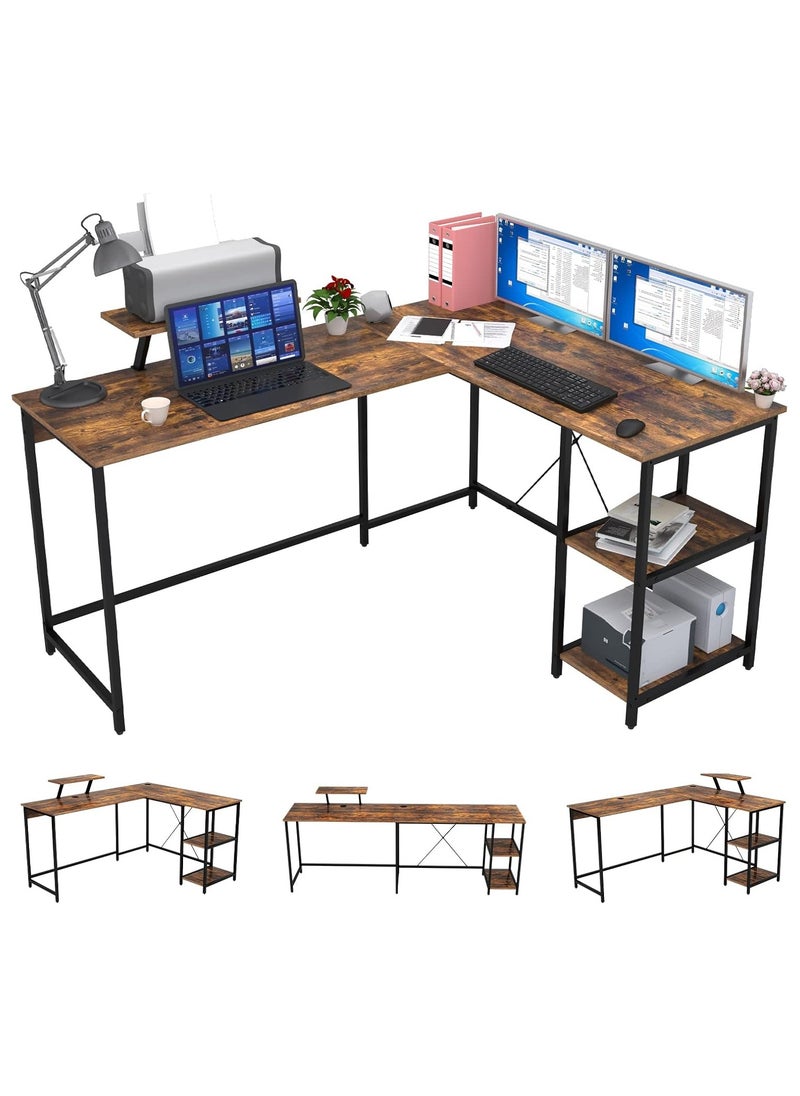 L-shaped corner desk in antique brown for home or office. It can be used as a study desk, computer desk, gaming table, studio table, or writer's table. It is a reversible corner desk. You can install shelves on the right or left as you wish. The shelves have ample space for your books, files, fax machine, or desktop computer. Adjustable legs in case the floor is uneven. X-shaped metal supports ensure stability and do not shake. A side fabric bag is included for storing small items to reduce clutter on the desktop. There is an additional shelf on the desk that serves as a monitor or printer stand for organization and space saving. Easy to clean, waterproof, and scratch-resistant. Easy to assemble and install. Perfect size for the office, and all your items are at your fingertips. Adaptable to different surfaces and fits in with most decors