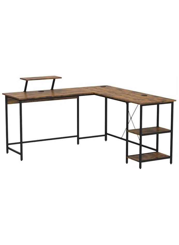 L-shaped corner desk in antique brown for home or office. It can be used as a study desk, computer desk, gaming table, studio table, or writer's table. It is a reversible corner desk. You can install shelves on the right or left as you wish. The shelves have ample space for your books, files, fax machine, or desktop computer. Adjustable legs in case the floor is uneven. X-shaped metal supports ensure stability and do not shake. A side fabric bag is included for storing small items to reduce clutter on the desktop. There is an additional shelf on the desk that serves as a monitor or printer stand for organization and space saving. Easy to clean, waterproof, and scratch-resistant. Easy to assemble and install. Perfect size for the office, and all your items are at your fingertips. Adaptable to different surfaces and fits in with most decors
