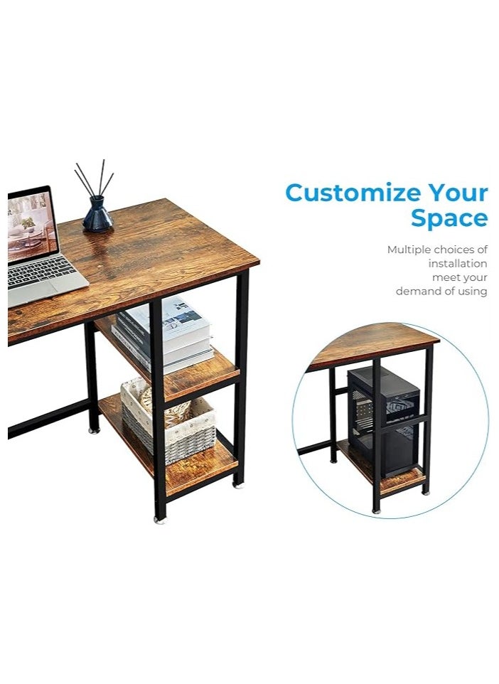 L-shaped corner desk in antique brown for home or office. It can be used as a study desk, computer desk, gaming table, studio table, or writer's table. It is a reversible corner desk. You can install shelves on the right or left as you wish. The shelves have ample space for your books, files, fax machine, or desktop computer. Adjustable legs in case the floor is uneven. X-shaped metal supports ensure stability and do not shake. A side fabric bag is included for storing small items to reduce clutter on the desktop. There is an additional shelf on the desk that serves as a monitor or printer stand for organization and space saving. Easy to clean, waterproof, and scratch-resistant. Easy to assemble and install. Perfect size for the office, and all your items are at your fingertips. Adaptable to different surfaces and fits in with most decors
