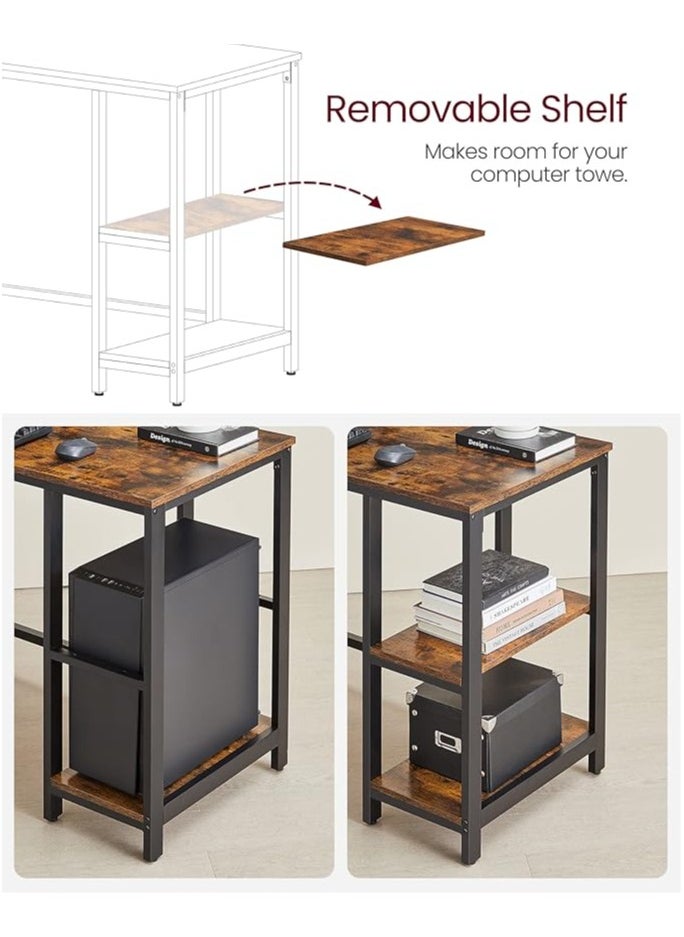 L-shaped corner desk in antique brown for home or office. It can be used as a study desk, computer desk, gaming table, studio table, or writer's table. It is a reversible corner desk. You can install shelves on the right or left as you wish. The shelves have ample space for your books, files, fax machine, or desktop computer. Adjustable legs in case the floor is uneven. X-shaped metal supports ensure stability and do not shake. A side fabric bag is included for storing small items to reduce clutter on the desktop. There is an additional shelf on the desk that serves as a monitor or printer stand for organization and space saving. Easy to clean, waterproof, and scratch-resistant. Easy to assemble and install. Perfect size for the office, and all your items are at your fingertips. Adaptable to different surfaces and fits in with most decors