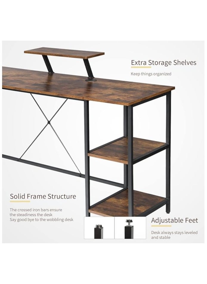 L-shaped corner desk in antique brown for home or office. It can be used as a study desk, computer desk, gaming table, studio table, or writer's table. It is a reversible corner desk. You can install shelves on the right or left as you wish. The shelves have ample space for your books, files, fax machine, or desktop computer. Adjustable legs in case the floor is uneven. X-shaped metal supports ensure stability and do not shake. A side fabric bag is included for storing small items to reduce clutter on the desktop. There is an additional shelf on the desk that serves as a monitor or printer stand for organization and space saving. Easy to clean, waterproof, and scratch-resistant. Easy to assemble and install. Perfect size for the office, and all your items are at your fingertips. Adaptable to different surfaces and fits in with most decors