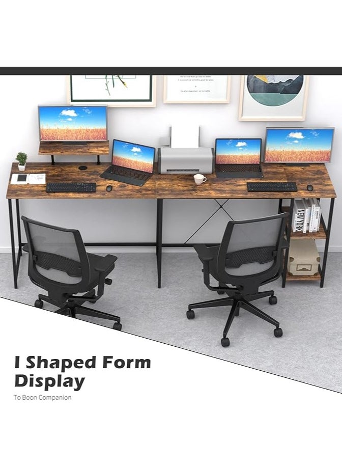 L-shaped corner desk in antique brown for home or office. It can be used as a study desk, computer desk, gaming table, studio table, or writer's table. It is a reversible corner desk. You can install shelves on the right or left as you wish. The shelves have ample space for your books, files, fax machine, or desktop computer. Adjustable legs in case the floor is uneven. X-shaped metal supports ensure stability and do not shake. A side fabric bag is included for storing small items to reduce clutter on the desktop. There is an additional shelf on the desk that serves as a monitor or printer stand for organization and space saving. Easy to clean, waterproof, and scratch-resistant. Easy to assemble and install. Perfect size for the office, and all your items are at your fingertips. Adaptable to different surfaces and fits in with most decors