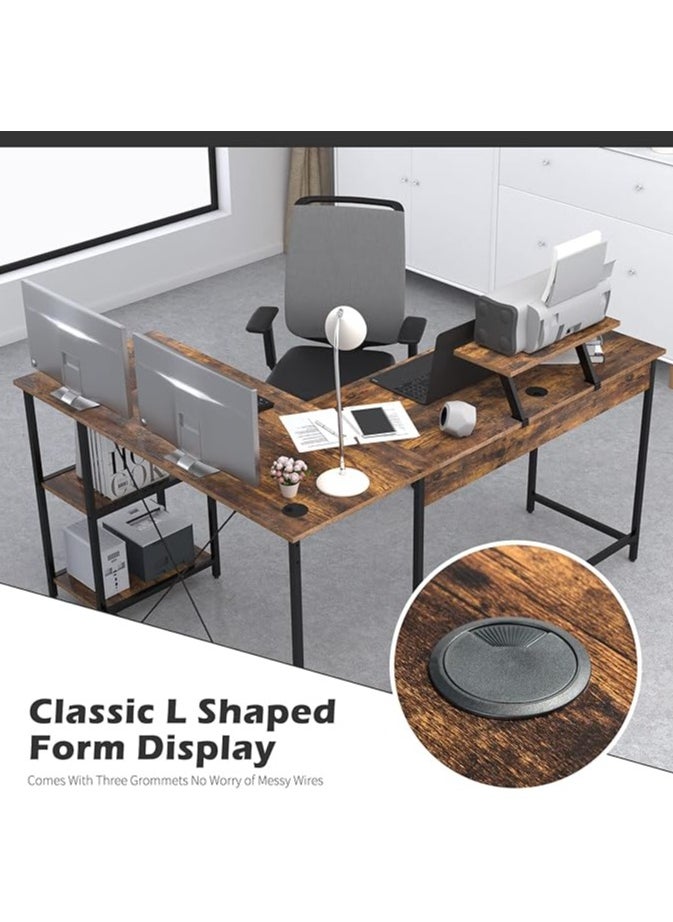 L-shaped corner desk in antique brown for home or office. It can be used as a study desk, computer desk, gaming table, studio table, or writer's table. It is a reversible corner desk. You can install shelves on the right or left as you wish. The shelves have ample space for your books, files, fax machine, or desktop computer. Adjustable legs in case the floor is uneven. X-shaped metal supports ensure stability and do not shake. A side fabric bag is included for storing small items to reduce clutter on the desktop. There is an additional shelf on the desk that serves as a monitor or printer stand for organization and space saving. Easy to clean, waterproof, and scratch-resistant. Easy to assemble and install. Perfect size for the office, and all your items are at your fingertips. Adaptable to different surfaces and fits in with most decors