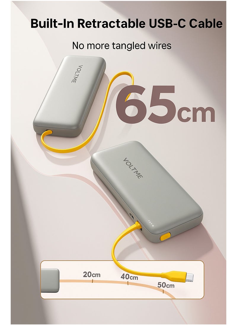 VOLTME - Hypercore Rolls 10K – 10000mAh Power Bank, 30W USB-C Fast Charging, Slim Portable Charger with Built-in Retractable Cable and LED Display – Compatible with iPhone 16/15/14/13/12 Pro Max, Samsung S25/S24/S23/S22 Ultra, iPad Pro, MacBook Air, Pixel, Steam Deck, Nintendo Switch – Travel Safe & Airplane Certified (Champagne Gray) - Image 1
