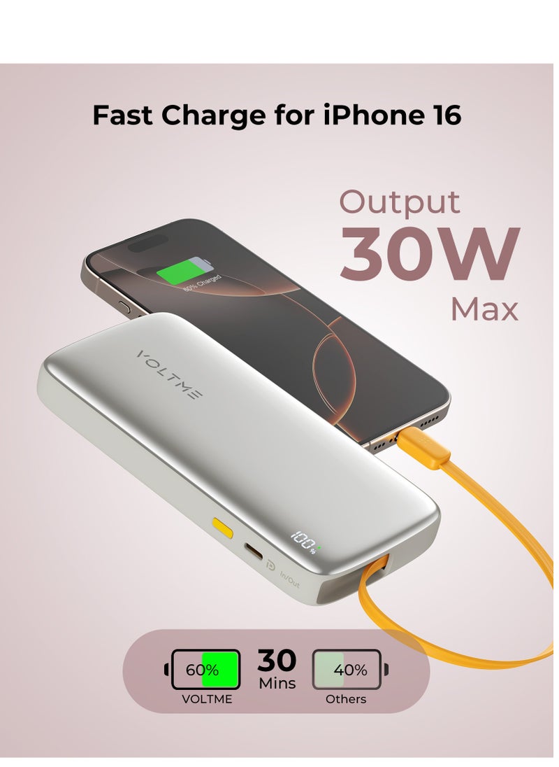 VOLTME - Hypercore Rolls 10K – 10000mAh Power Bank, 30W USB-C Fast Charging, Slim Portable Charger with Built-in Retractable Cable and LED Display – Compatible with iPhone 16/15/14/13/12 Pro Max, Samsung S25/S24/S23/S22 Ultra, iPad Pro, MacBook Air, Pixel, Steam Deck, Nintendo Switch – Travel Safe & Airplane Certified (Champagne Gray) - Image 1