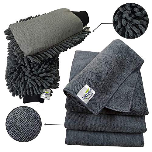 SOFTSPUN Microfiber Chenille & Single-Side Gloves 1700 GSM with Towel 340 GSM, 6 Piece Combo Grey, Multi-Purpose Super Absorbent and Perfect Wash Clean with Lint-Scratch Free Car, Dusting! - Image 2