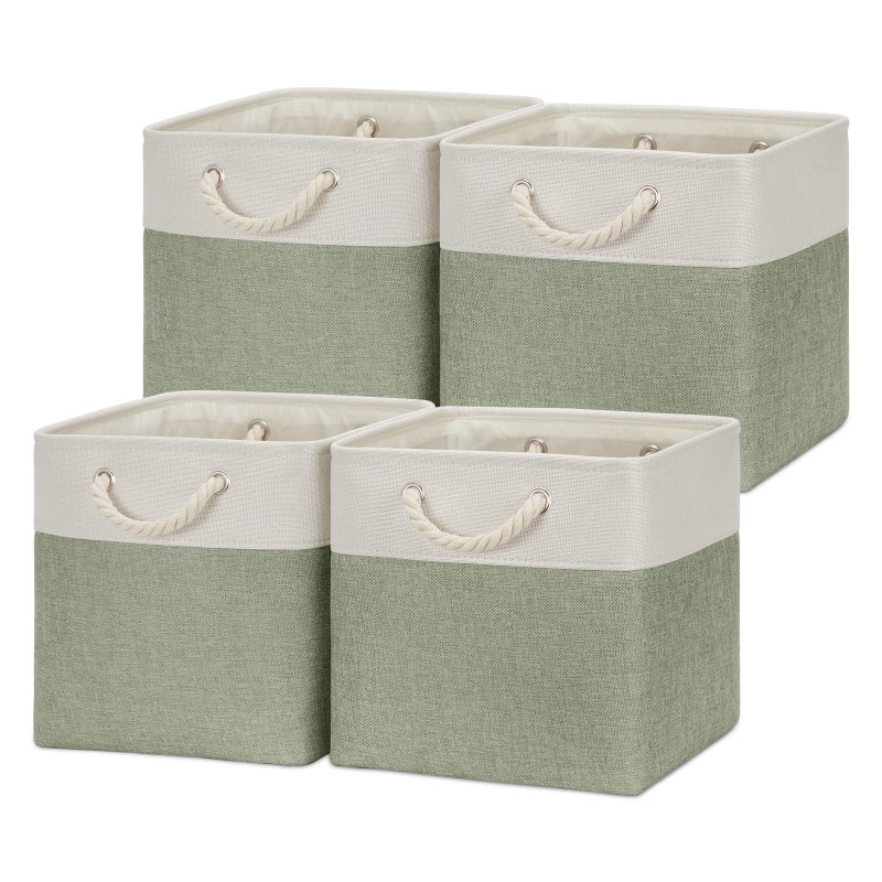 Temary Cube Storage Baskets for Shelves 12 Inch Storage Cubes 4pack Fabric Storage Baskets for Organizing Clothes Closet Basket with Rope Handles for Home WhiteGreen