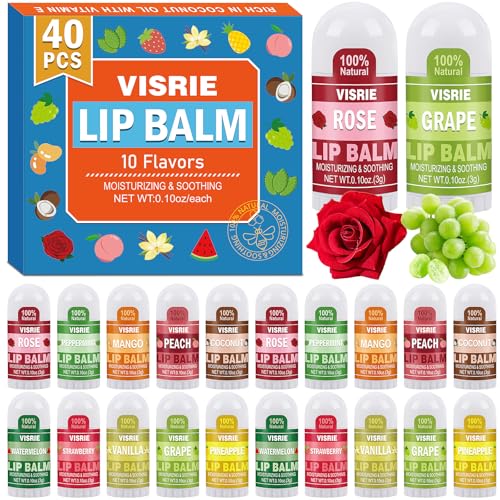 VISRIE Mini Lip Balm 40 Pack, Natural Lip Balms Bulk with Vitamin E and Coconut Oil, Moisturizing Lip Balm for Dry Cracked lips - 10 Flavors - Image 1
