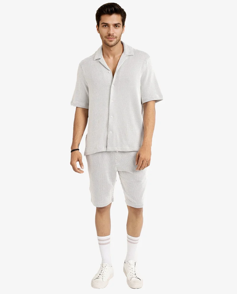 Rare Rabbit Rare Rabbit Men's Zavet-S Grey Cotton Polyester Fabric Short Sleeves Cuban Collar Boxy Fit Self Stripe Textured Shirt