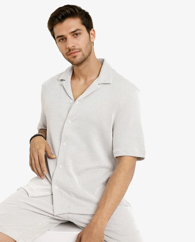 Rare Rabbit Rare Rabbit Men's Zavet-S Grey Cotton Polyester Fabric Short Sleeves Cuban Collar Boxy Fit Self Stripe Textured Shirt