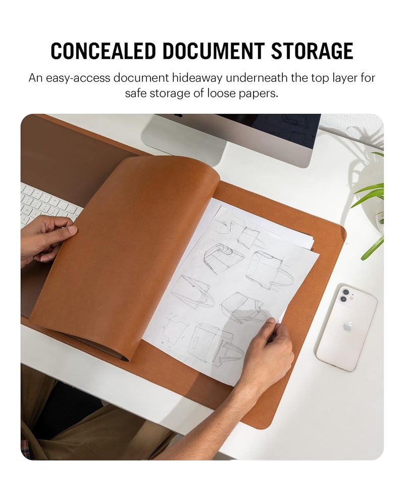 Daily Objects Dart Large Premium Vegan Leather Desktop/Laptop Desk Mat for Work from Home/Office/Gaming | Cable Organiser & Hideway Storage | Extended Mousepad & Water-Resistant - Tan - Model - R2 - Image 4