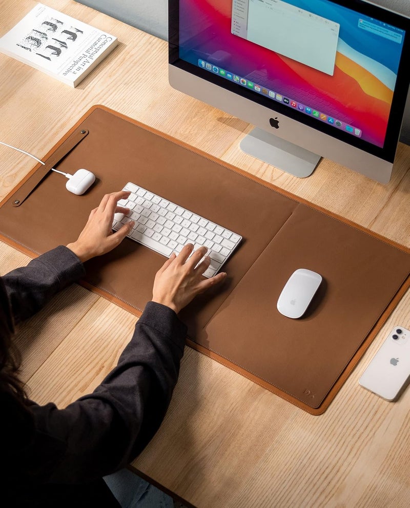 Daily Objects Dart Large Premium Vegan Leather Desktop/Laptop Desk Mat for Work from Home/Office/Gaming | Cable Organiser & Hideway Storage | Extended Mousepad & Water-Resistant - Tan - Model - R2 - Image 1