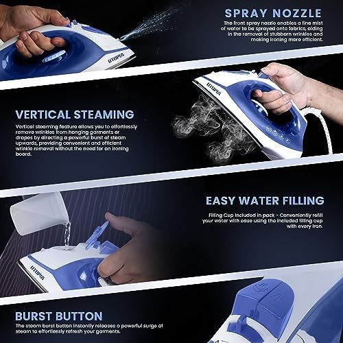 Utopia Home Steam Iron for Clothes - Non-Stick Soleplate - 1200W Clothes Iron - Textile Iron 2.3 meter Long Cord Adjustable Thermostat Control, Overheat Safety Protection & Variable Steam Control Blue - Image 5