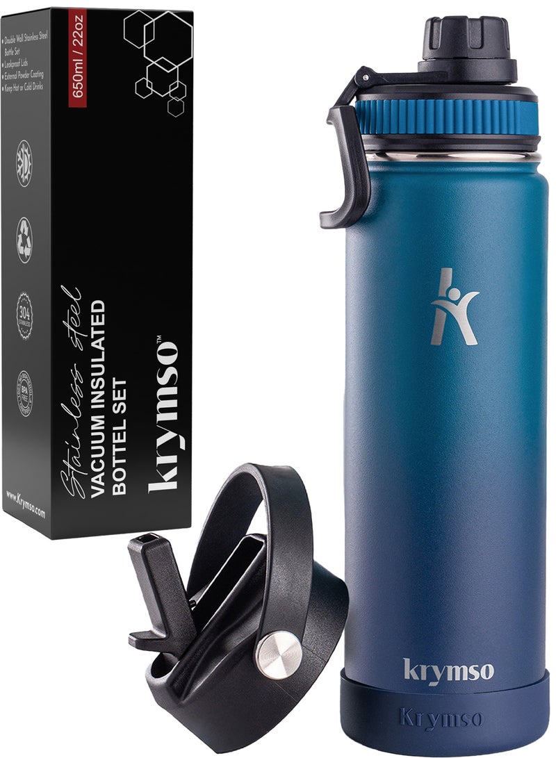 KRYMSO 650ml Stainless Steel Water Bottle, Sports Bottle with Straw, Double Wall Insulated Water Bottle, Thermos Flask, Water Bottle for kids, Gym - Image 1