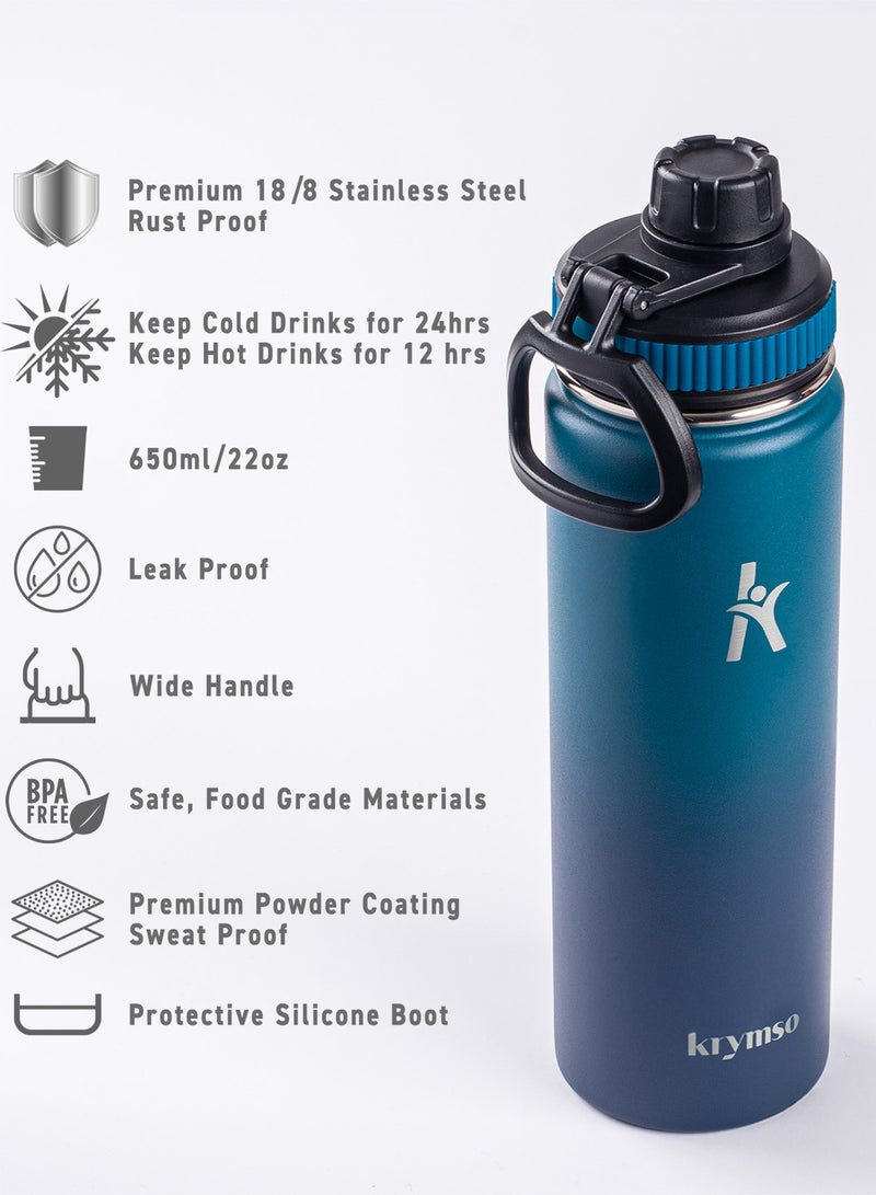 KRYMSO 650ml Stainless Steel Water Bottle, Sports Bottle with Straw, Double Wall Insulated Water Bottle, Thermos Flask, Water Bottle for kids, Gym - Image 2