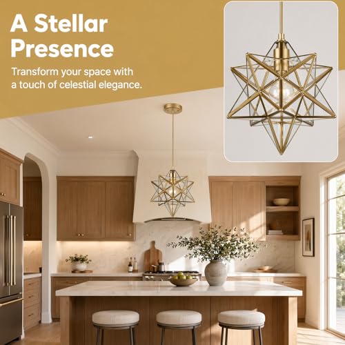 YUBOLE Modern Moravian Star Gold Finish Pendant Light Clear Glass Hanging Brass Star Lights Fixture 11'' - Image 3