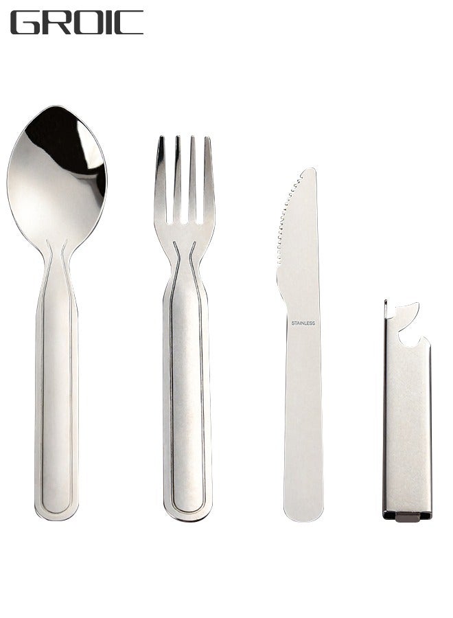 GROIC 4-Pieces Stainless Steel Flatware Cooking Cookware Knife Fork Spoon Bottle opener Set Camping Utility Cutlery Kit with Carrying Bag for Traveling Picnic Hiking - Image 1