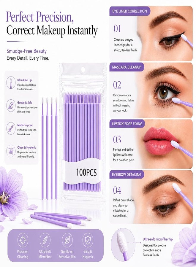 Street27 Fine Tip Cotton Swabs for Makeup Removal & Precision Correction | Cotton Buds for Eyeliner, Mascara, Lip Liner Fixing & Beauty Tools (100 Count) (PURPLE (100PCS)) - Image 2