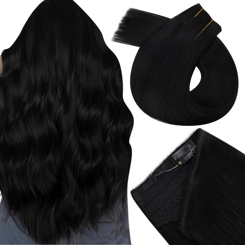 Easyouth Wire Hair Extensions Real Human Hair Black Wire Hair Extensions Jet Black 18 Inch Transparent Fish Line Hair Extension 80g Wire Extension for Women