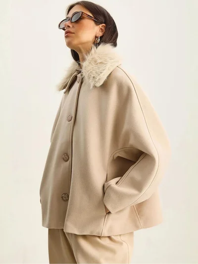 Bianco Lucci LUCCI Oversized Plush Coat with Fur Collar