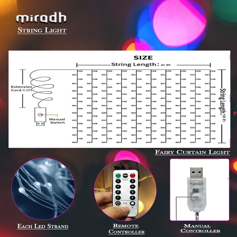MIRADH Plastic 240 Led 98 Feet Window Curtain String Light Led Light For Home Decoration Diwali Light Warm White White Fairy Curtain - Image 3