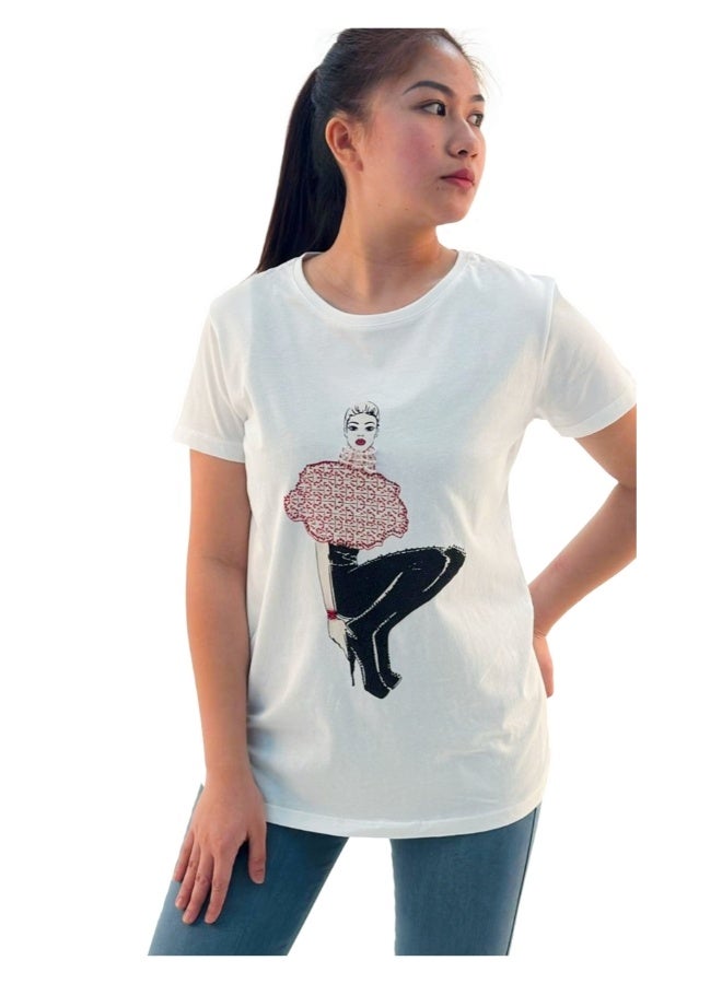 JOANNA JOANNA W203008 Women's Lady Wearing High Heels Design Round Neck Short Sleeve T-Shirt - White  - Image 1