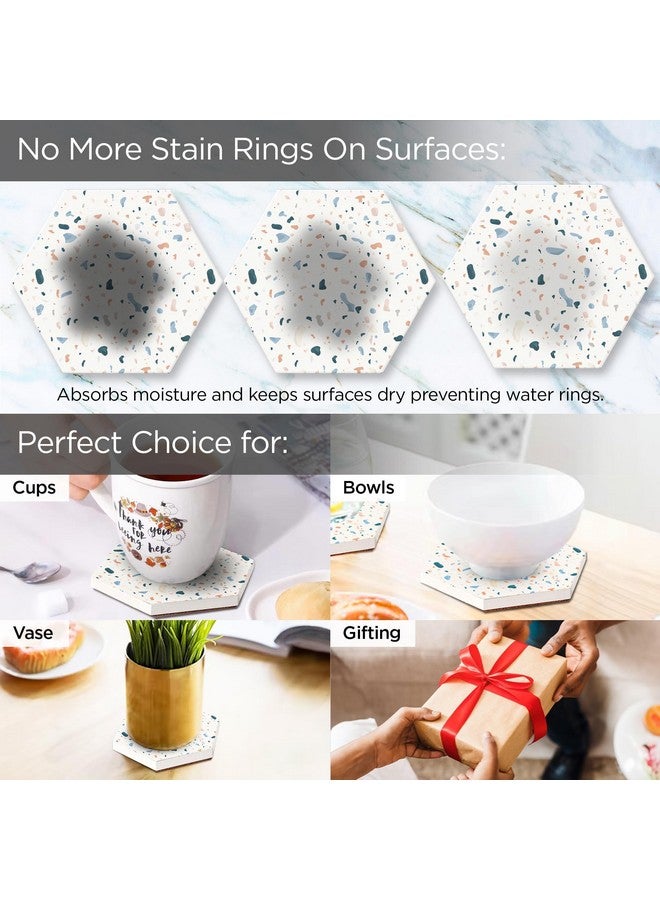 Urbane Home Urbane Home Set of 6 Diatomite Stone Print Hexagon Coasters with Cork Steel Holder Stand for Hot Pots - Water Absorbent Tea Cup & Water Glass Cover Top Lid | White-SOV002-08  - Image 5
