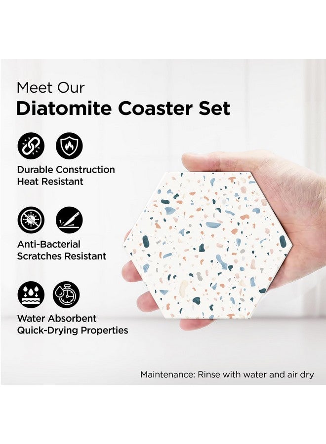 Urbane Home Urbane Home Set of 6 Diatomite Stone Print Hexagon Coasters with Cork Steel Holder Stand for Hot Pots - Water Absorbent Tea Cup & Water Glass Cover Top Lid | White-SOV002-08  - Image 3