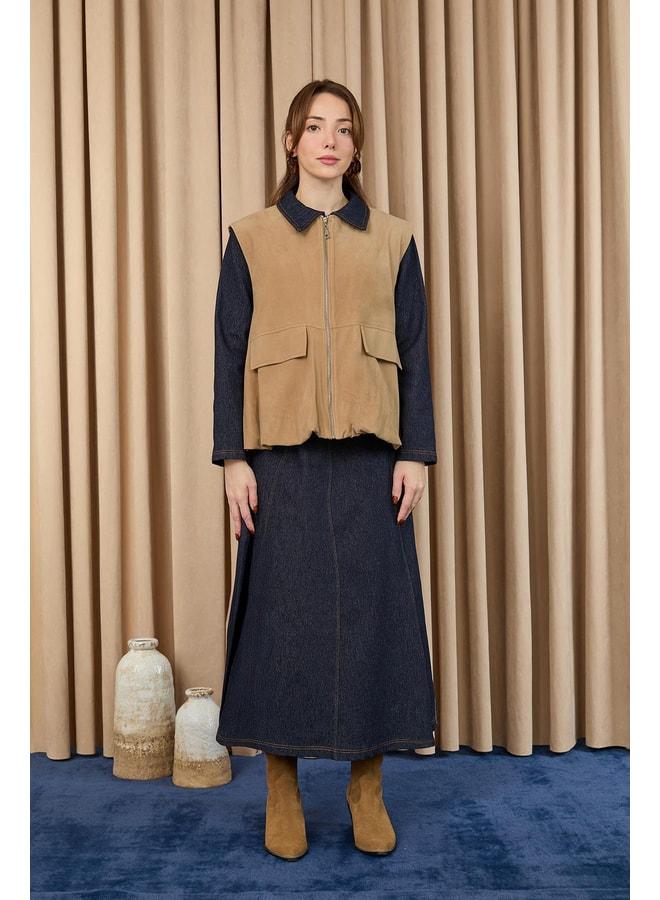 Soul Women's Pocket Detailed Suede Vest - 32404YLK - MINK. - Image 3