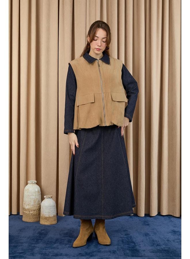 Soul Women's Pocket Detailed Suede Vest - 32404YLK - MINK. - Image 2