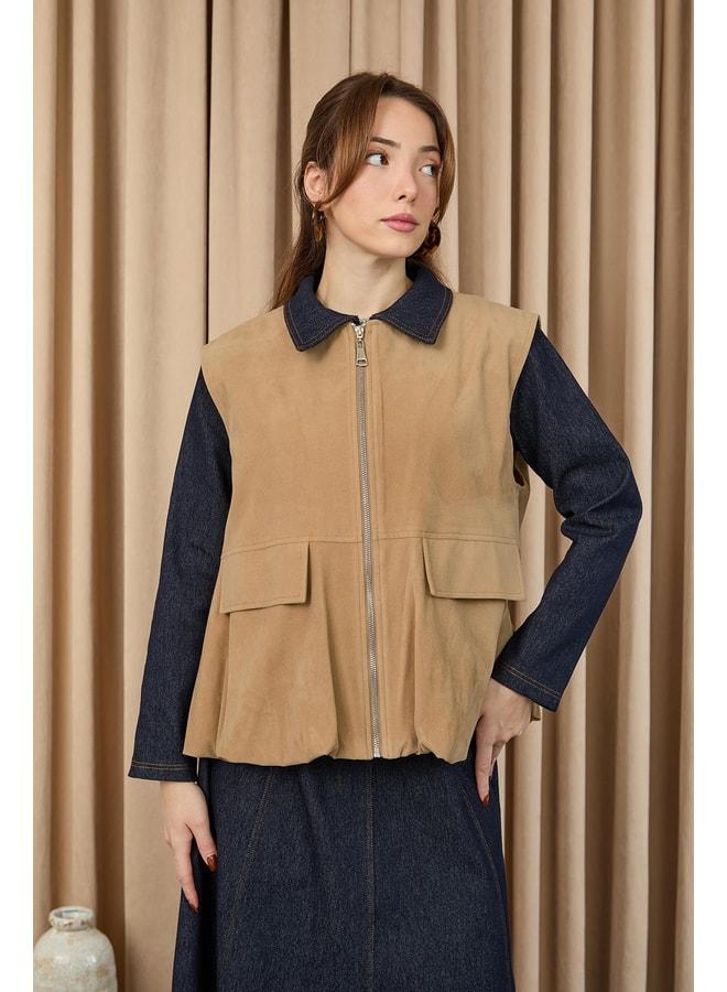 Soul Women's Pocket Detailed Suede Vest - 32404YLK - MINK. - Image 1