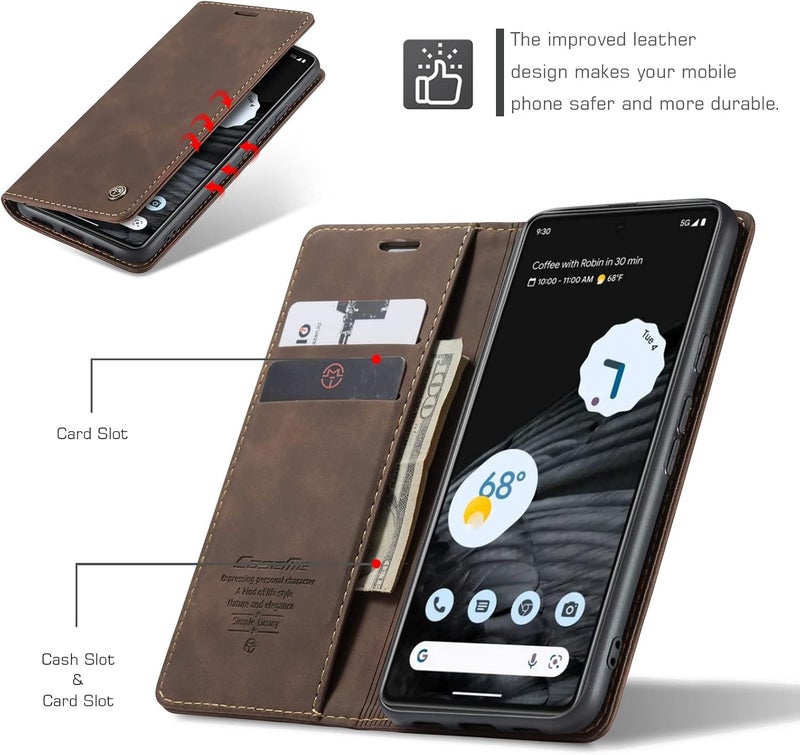 Cracedily for Google Pixel 7 Case, Flip Wallet Leather Case with Card Holder Magnetic Closure Shockproof Kickstand Protective Phone Cases Cover for Google Pixel 7,Coffee - Image 2