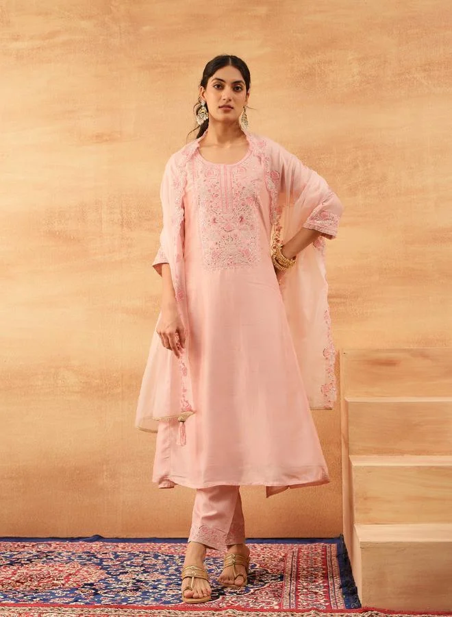 ISHIN Women's Peach Silk Blend Embellished Tunic Top With Ankle Palazzo Flared 3 Peice Kurta Set