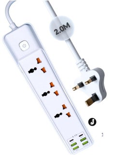 JAJEEK Extension Cord 2M with 3 Sockets, 4 USB Ports & 2 Type-C Ports – UK 3 Pin Plug Power Extension for Home, Kitchen & Office (White)  - Image 1