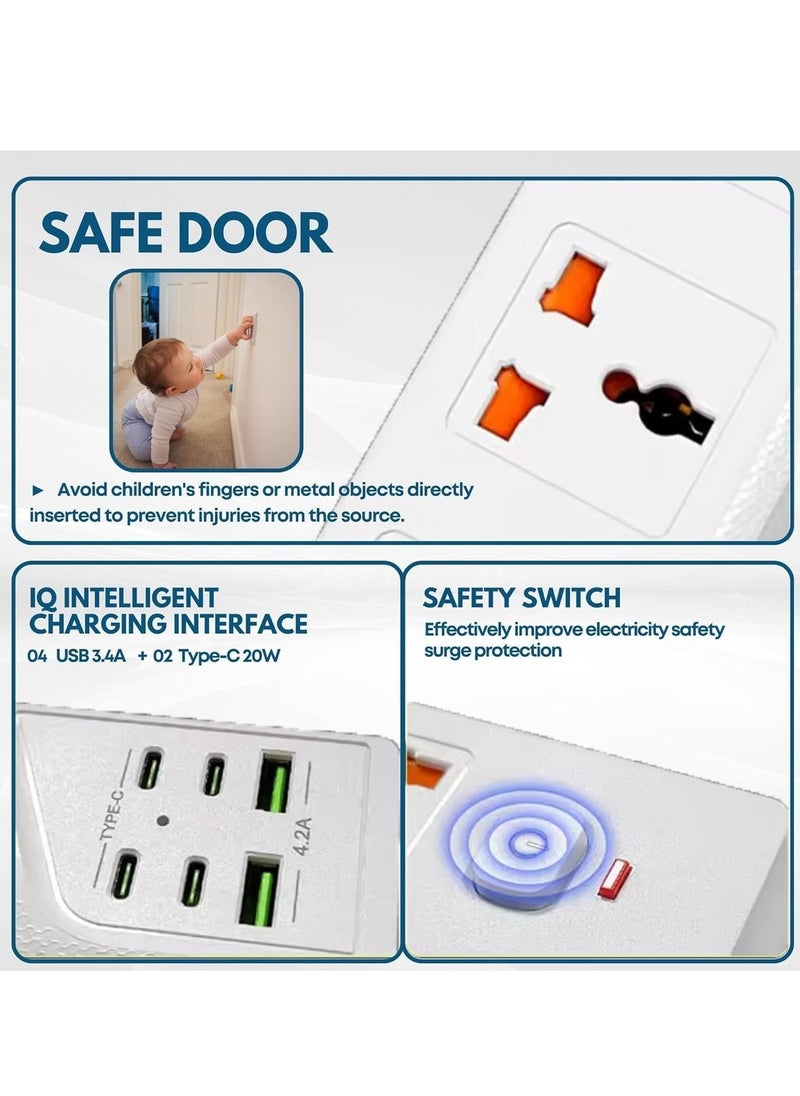 JAJEEK Extension Cord 2M with 3 Sockets, 4 USB Ports & 2 Type-C Ports – UK 3 Pin Plug Power Extension for Home, Kitchen & Office (White)  - Image 3