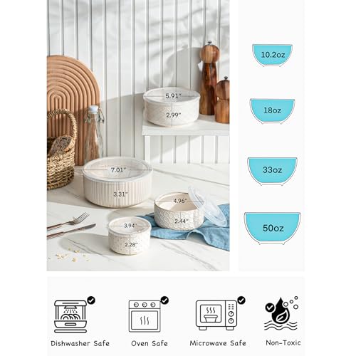 MIKIGEY Mixing Bowls with Lids Set of 4, Ceramic Nesting Bowls, Embossed Mixing Bowl Set for Food Storage, Prep Bowl, Gift, Microwave and Dishwasher Safe, 10/18/33/50 OZ, Off-White - Image 4