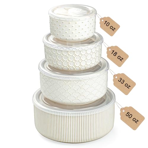 MIKIGEY Mixing Bowls with Lids Set of 4, Ceramic Nesting Bowls, Embossed Mixing Bowl Set for Food Storage, Prep Bowl, Gift, Microwave and Dishwasher Safe, 10/18/33/50 OZ, Off-White - Image 1