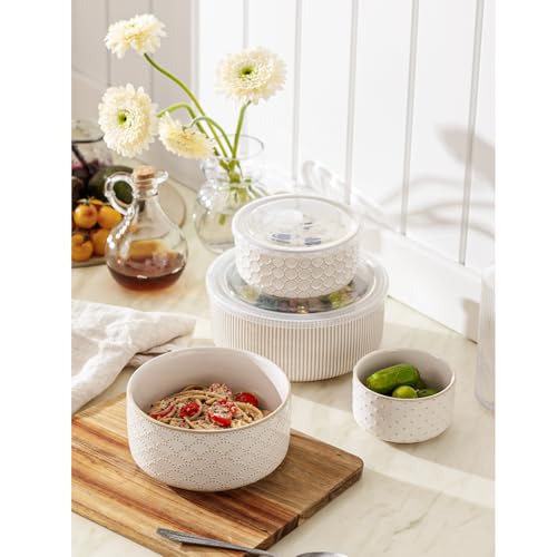 MIKIGEY Mixing Bowls with Lids Set of 4, Ceramic Nesting Bowls, Embossed Mixing Bowl Set for Food Storage, Prep Bowl, Gift, Microwave and Dishwasher Safe, 10/18/33/50 OZ, Off-White - Image 2