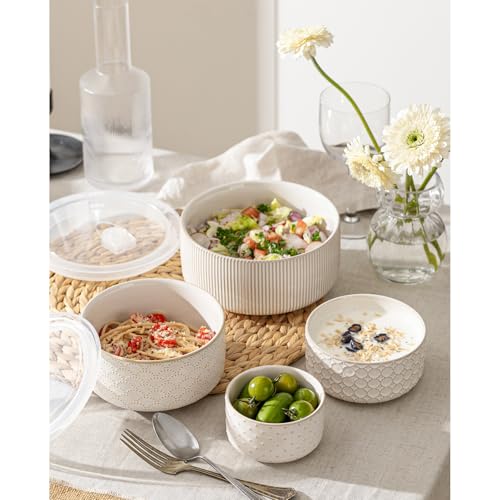 MIKIGEY Mixing Bowls with Lids Set of 4, Ceramic Nesting Bowls, Embossed Mixing Bowl Set for Food Storage, Prep Bowl, Gift, Microwave and Dishwasher Safe, 10/18/33/50 OZ, Off-White - Image 5