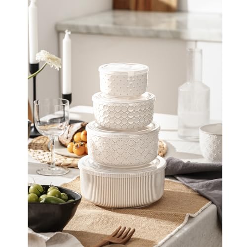 MIKIGEY Mixing Bowls with Lids Set of 4, Ceramic Nesting Bowls, Embossed Mixing Bowl Set for Food Storage, Prep Bowl, Gift, Microwave and Dishwasher Safe, 10/18/33/50 OZ, Off-White - Image 3