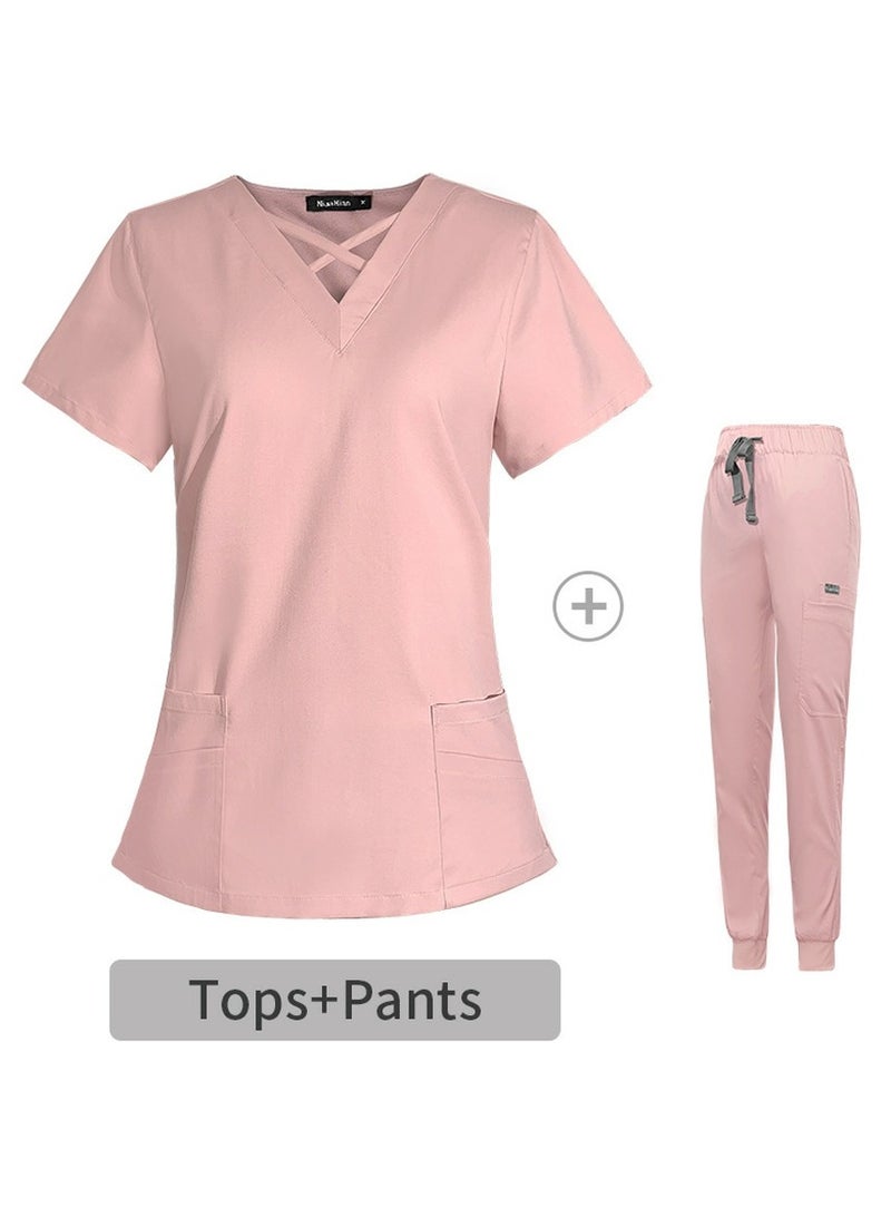 Loquat Fashion Medical Uniform Scrubs 2 Piece Set Stand Collar Top and Jogger Pants Suit Pink - Image 1