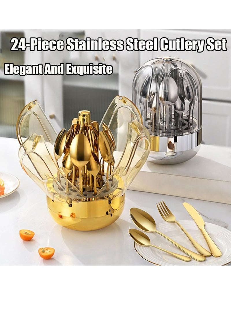 عام طقم أدوات مائدة ذهبية، طقم أدوات مائدة من الفولاذ المقاوم للصدأ 24 قطعة، سكين غربي فاخر، طقم شوكة وملعقة، طقم أدوات مطقم أدوات مائدة ذهبية، طقم أدوات مائدة من الفولاذ المقاوم للصدأ 24 قطعة، سكين غربي فاخر، طقم شوكة وملعقة، طقم أدوات مائدة منزلية لحفلات الزفاف، ذهبيائدة منزلية لحفلات الزفاف، ذهبي - Image 2