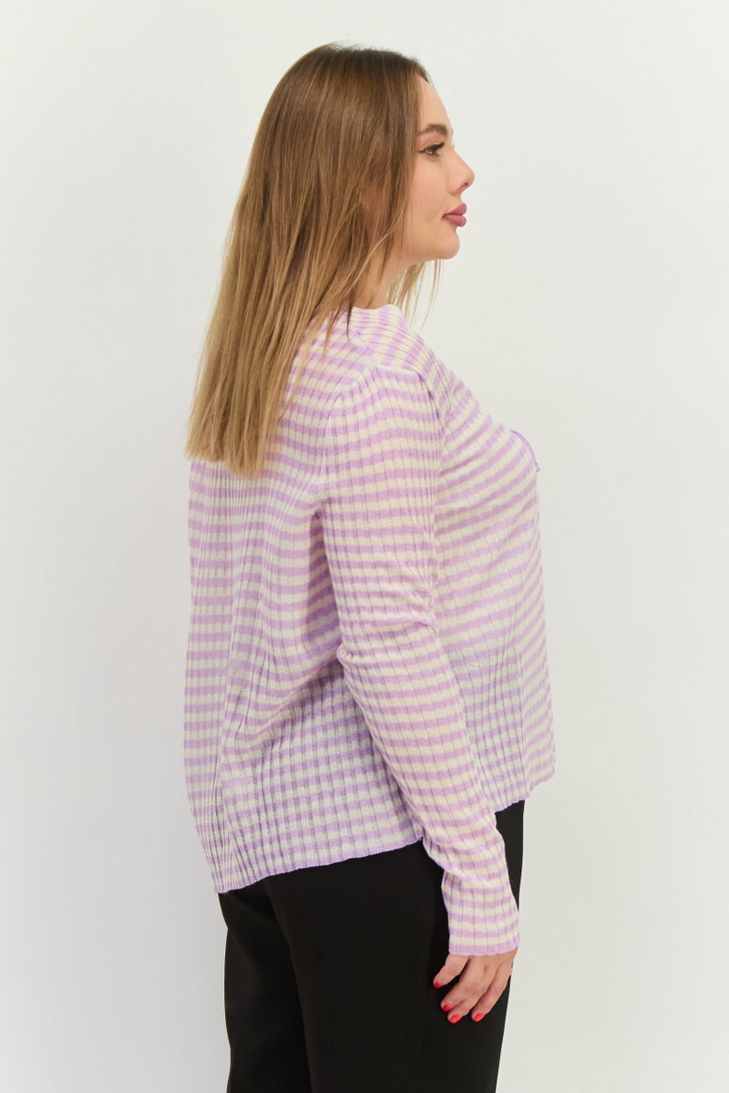 MANGO Women Tie Neck Striped Cardigan, Lavender  - Image 4