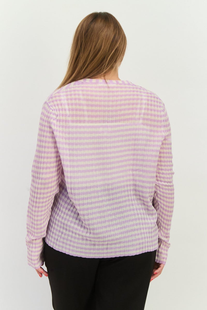 MANGO Women Tie Neck Striped Cardigan, Lavender  - Image 2