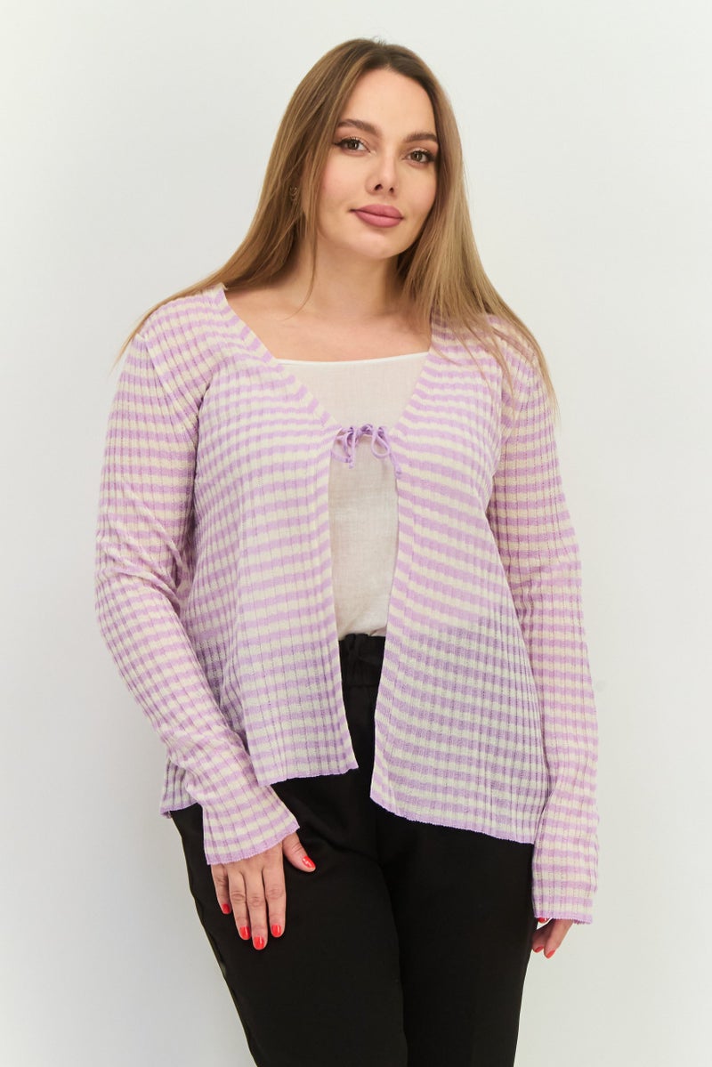 MANGO Women Tie Neck Striped Cardigan, Lavender  - Image 1
