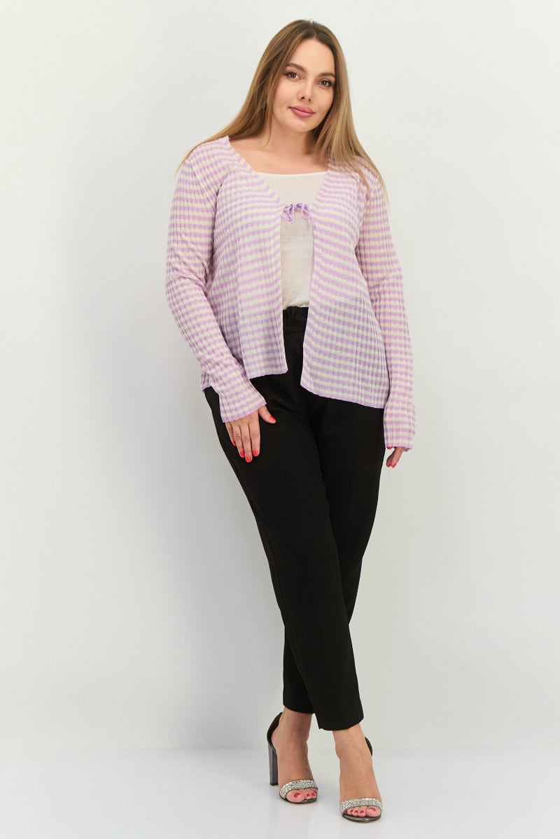 MANGO Women Tie Neck Striped Cardigan, Lavender  - Image 3