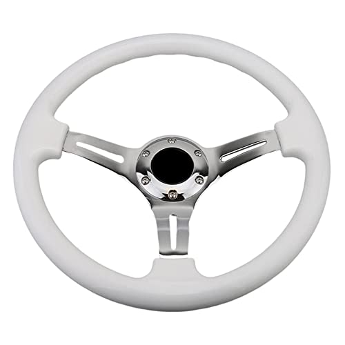 YEHICY Classic White Car Racing Steering Wheel Chrome Silver Spokes 350mm 13.5" Sports Wood Steering Wheel 6 Bolts Deep Dish With Horn Button - Image 1